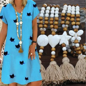 Vintage Yoga Mala Wood Beads Statement Bohemian Tassel Star Heart Butterfly Boho Long Necklace