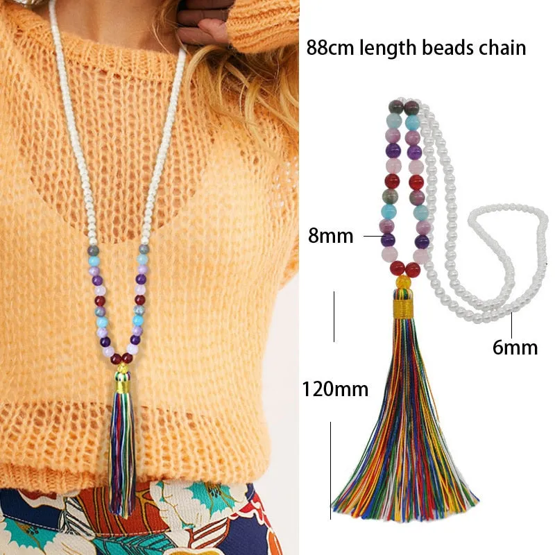 Vintage Yoga Mala Wood Beads Statement Bohemian Tassel Star Heart Butterfly Boho Long Necklace