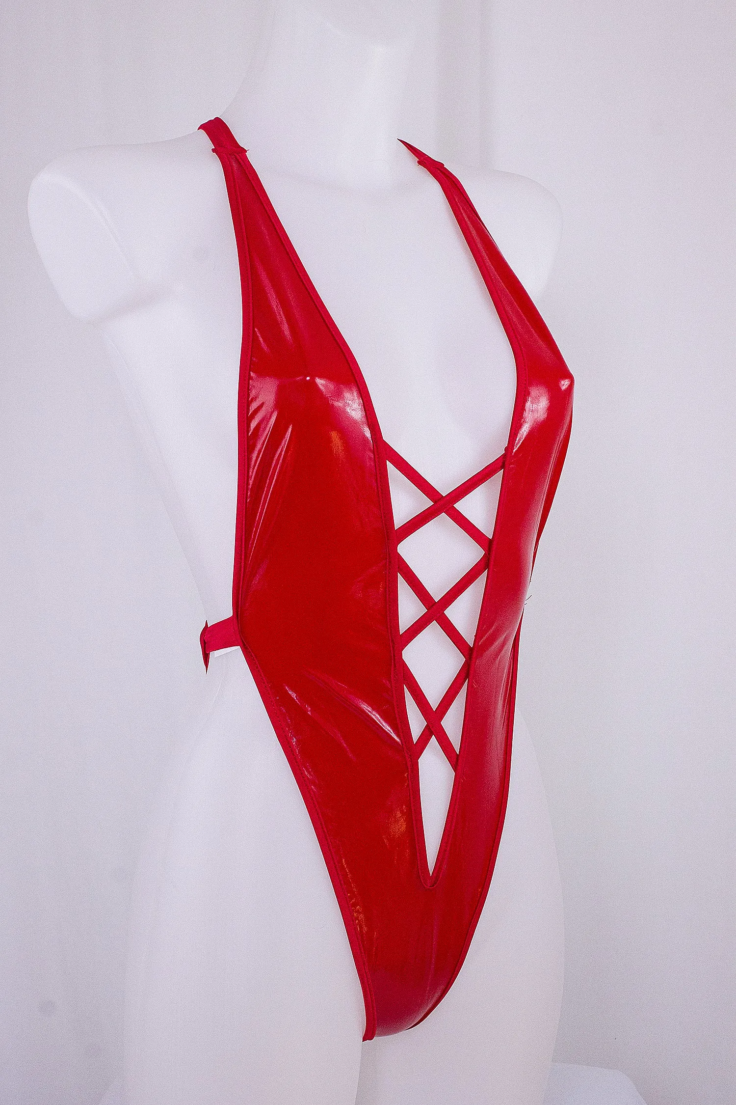 Vinyl V Plunge Bodysuit / RED