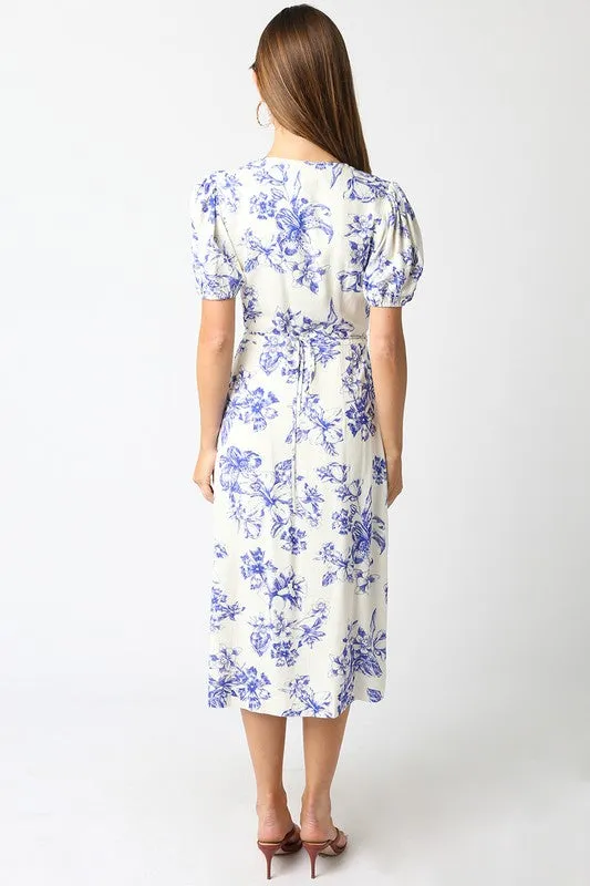 Waitlist 2/5 ♥ Tatiana Short Puff Sleeves Floral Print Wrap Midi Dress White