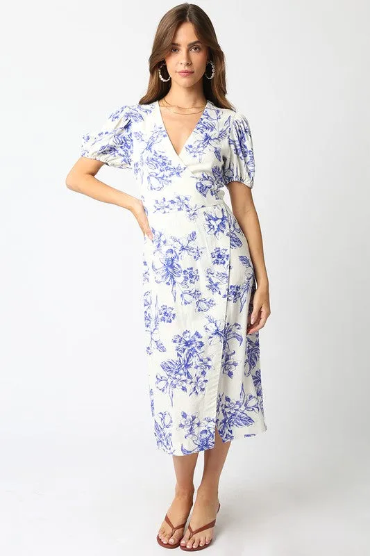 Waitlist 2/5 ♥ Tatiana Short Puff Sleeves Floral Print Wrap Midi Dress White