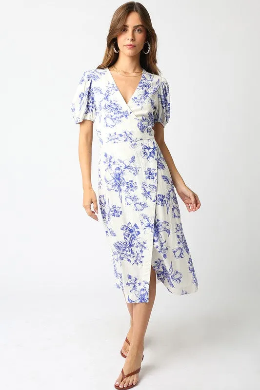 Waitlist 2/5 ♥ Tatiana Short Puff Sleeves Floral Print Wrap Midi Dress White