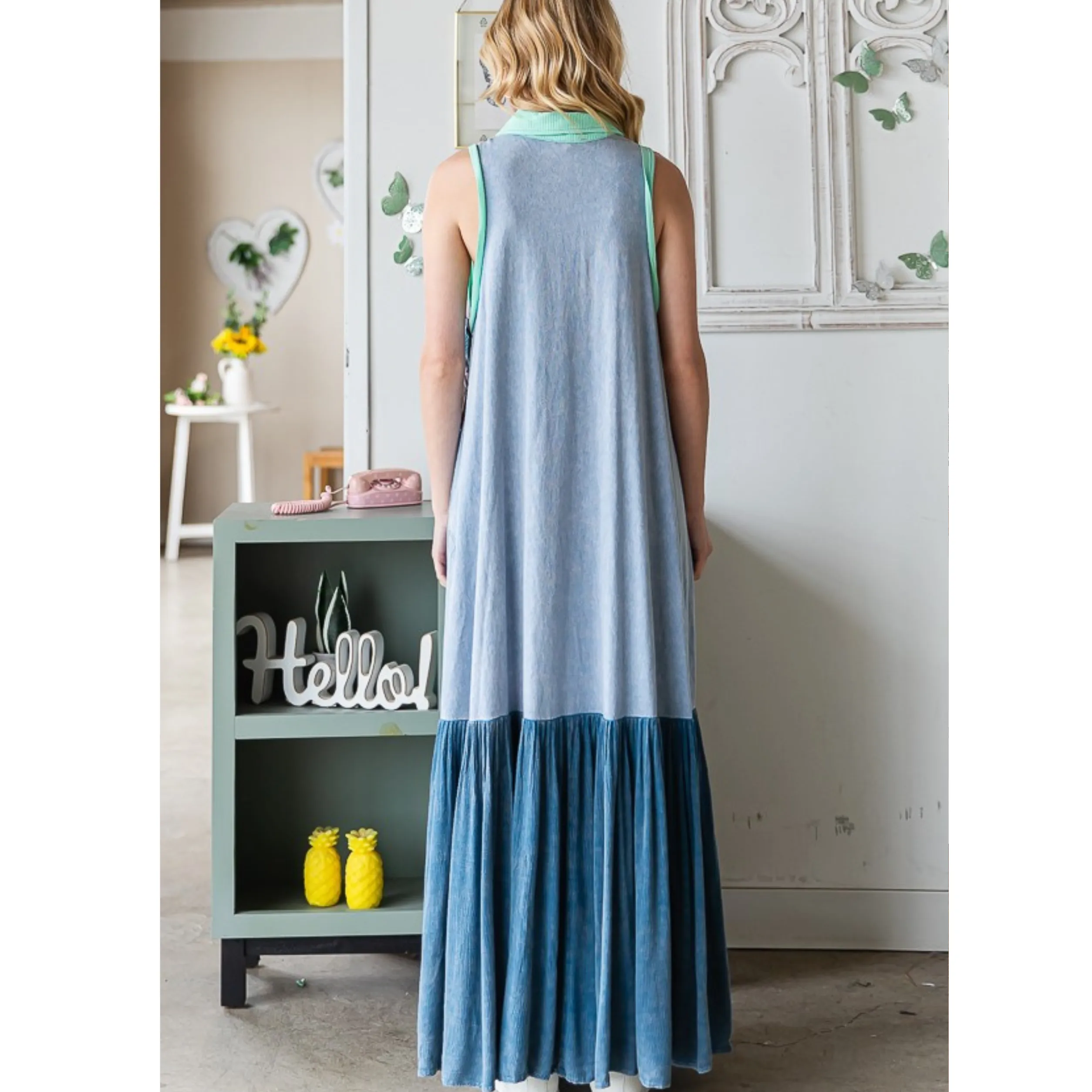 Washed Fabric Mixed Sleeveless Maxi Dress