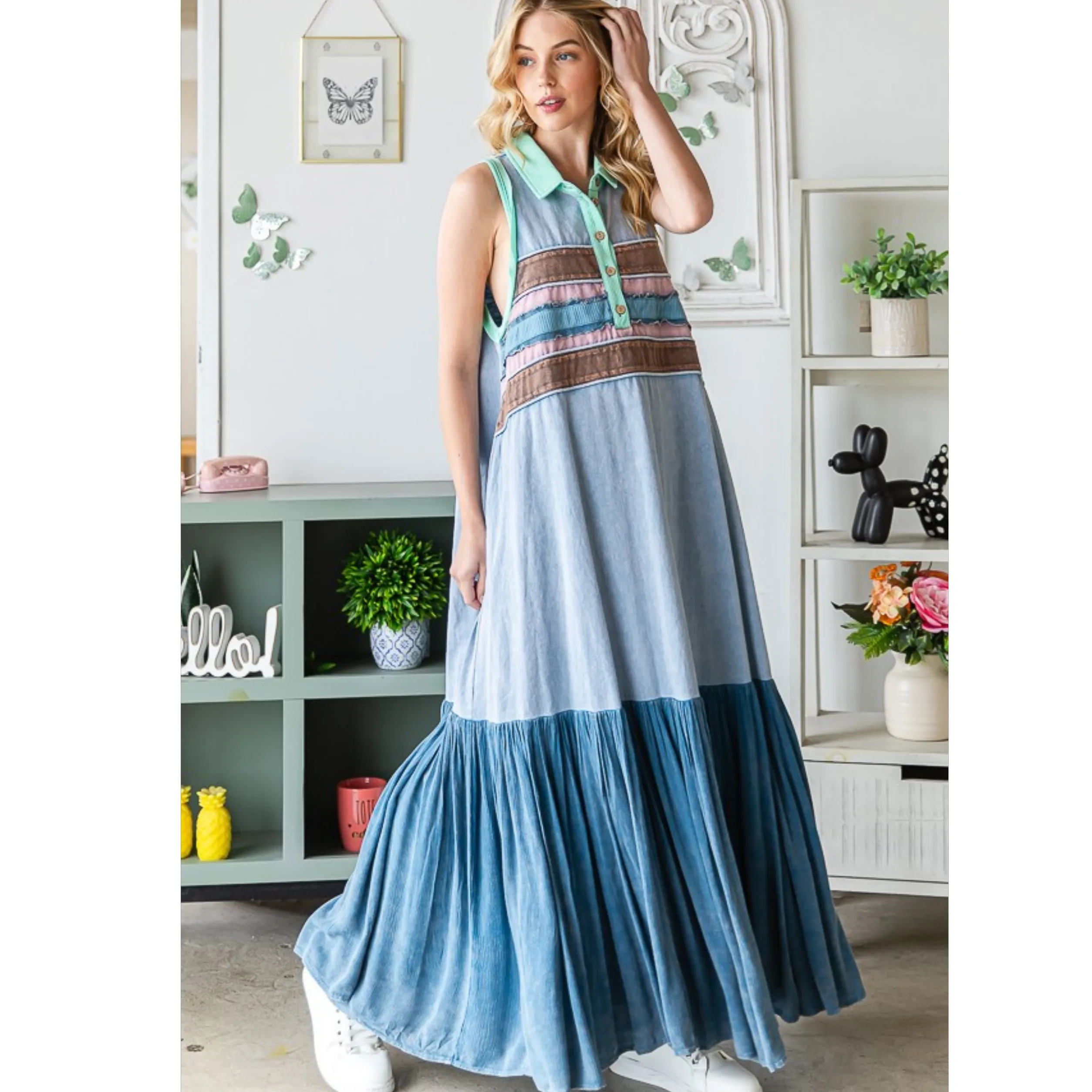 Washed Fabric Mixed Sleeveless Maxi Dress