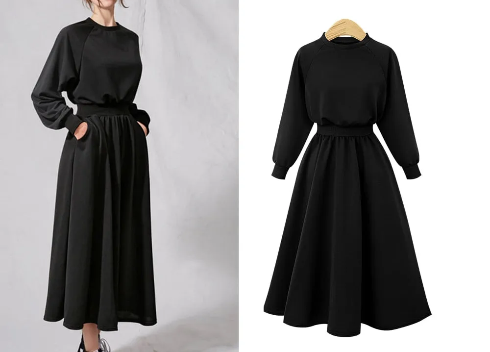 Wenkouban Graduation Gifts L-5XL Big Size Sweatshirts Dress Women Winter Fall Thin Dress Elastic Waist High Waist Solid Black Long Dress Maxi Pull