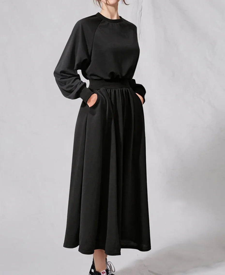 Wenkouban Graduation Gifts L-5XL Big Size Sweatshirts Dress Women Winter Fall Thin Dress Elastic Waist High Waist Solid Black Long Dress Maxi Pull