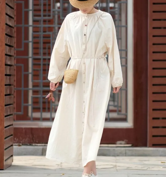 White Linen Long Sleeve Dress Loose Women Dress SJP9201229