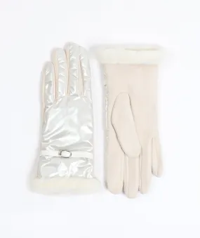 White Metallic Look Gloves with a Faux Sheepskin Cuff