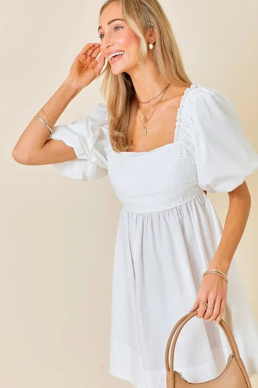 White Ruffle Square A-line Cotton Midi Dresses