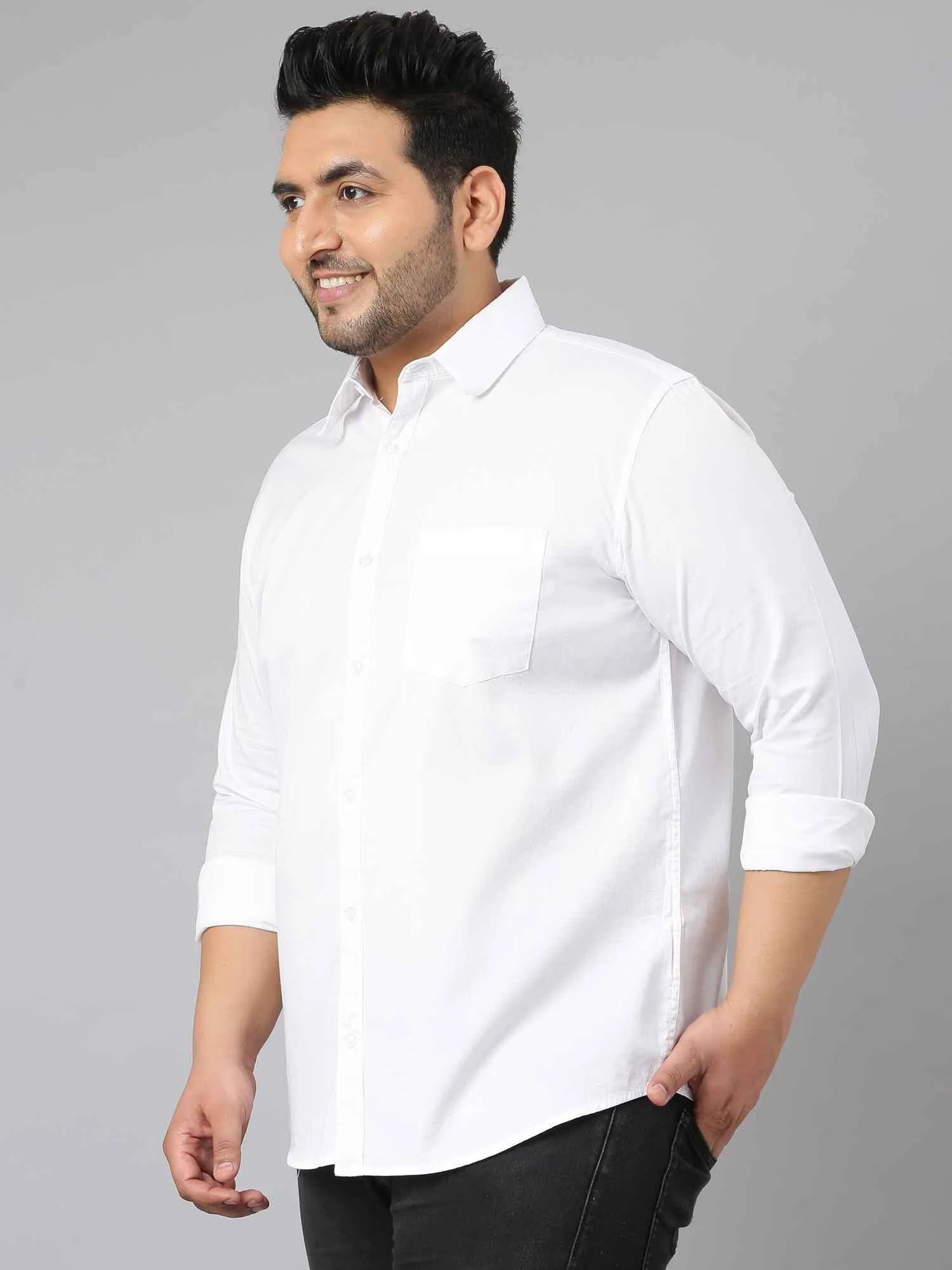 White Solid Pure Cotton Full Sleeve Shirt Men's Plus Size