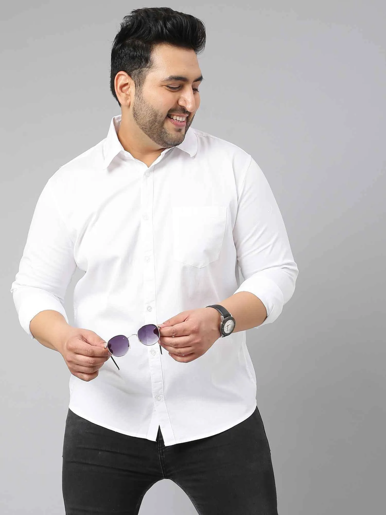 White Solid Pure Cotton Full Sleeve Shirt Men's Plus Size