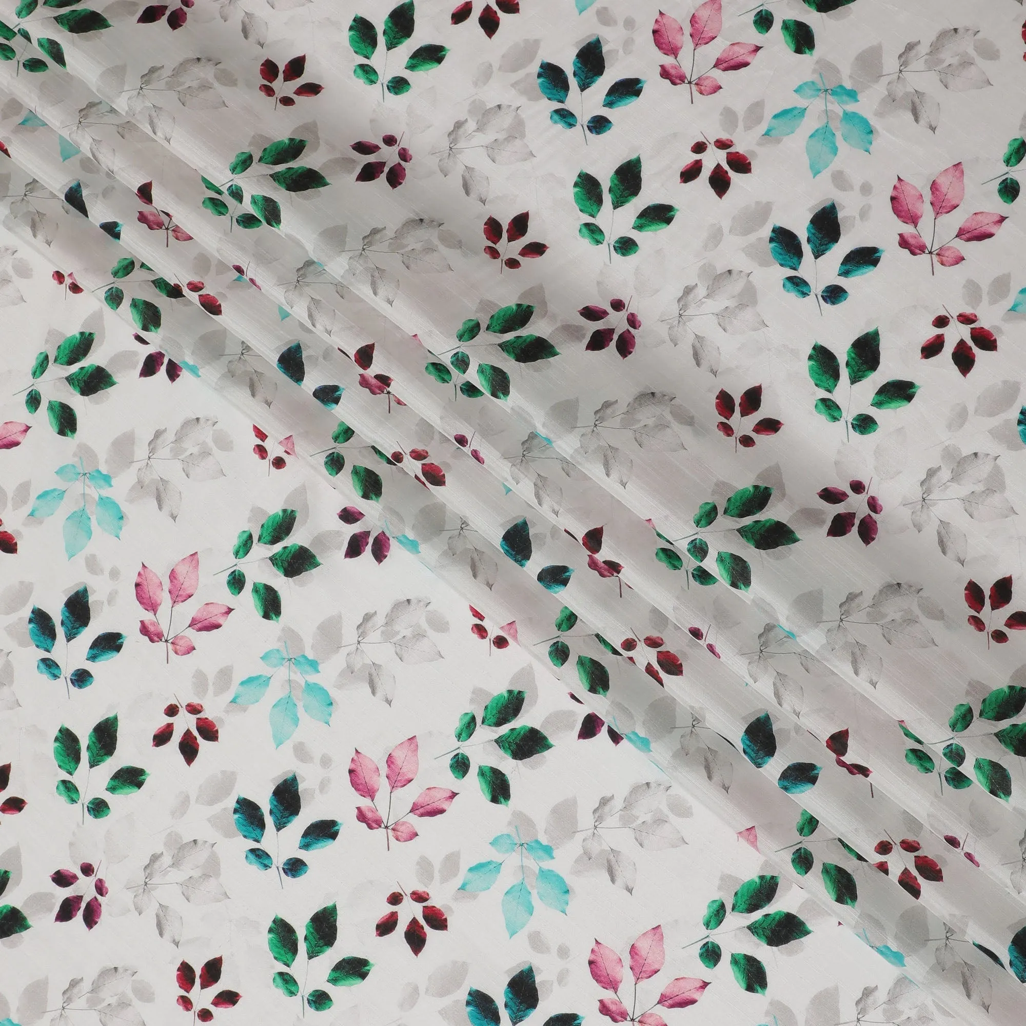 White with Multicolor Leaf Print Viscose Digital Printed Fabric - 110 cm Width-D19992