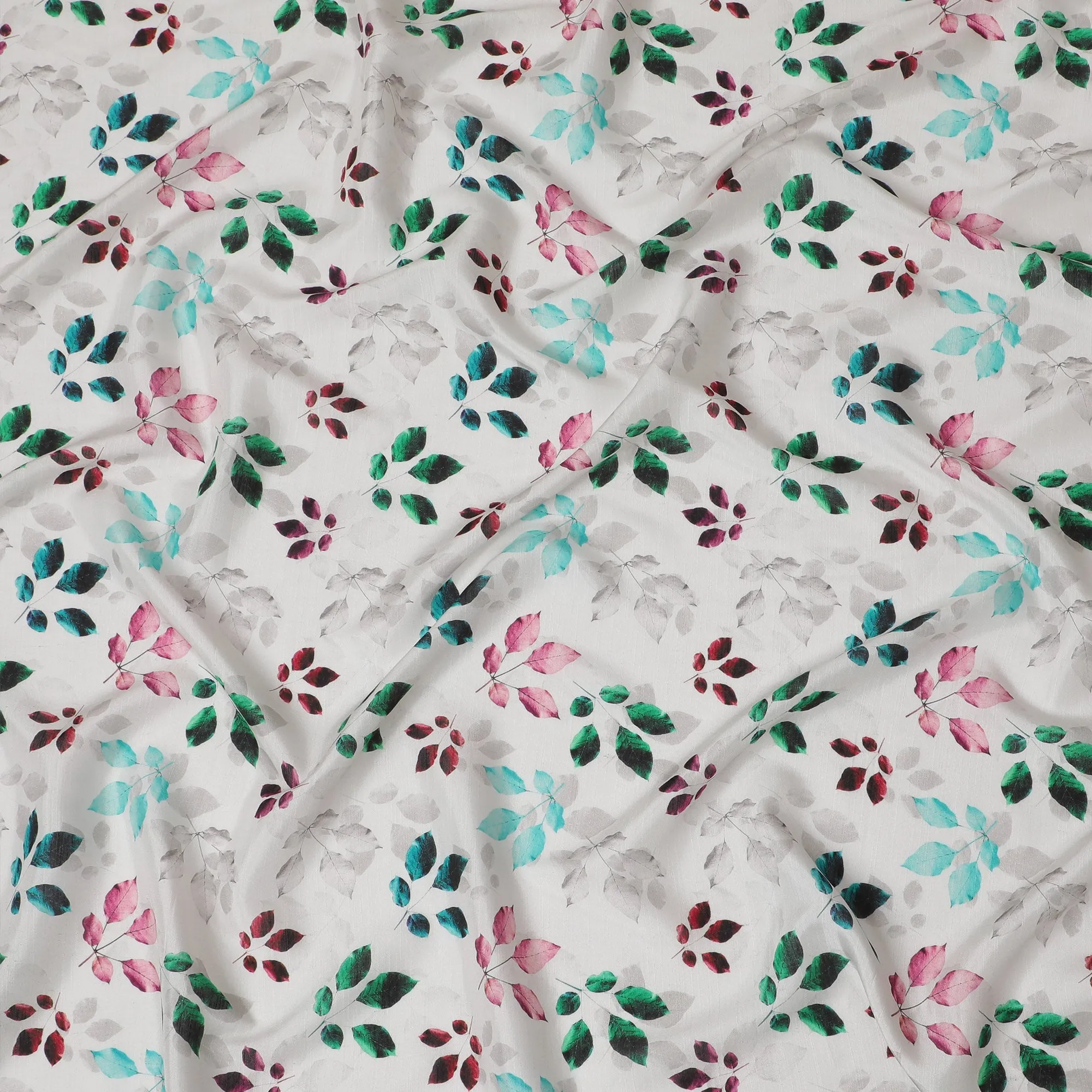 White with Multicolor Leaf Print Viscose Digital Printed Fabric - 110 cm Width-D19992