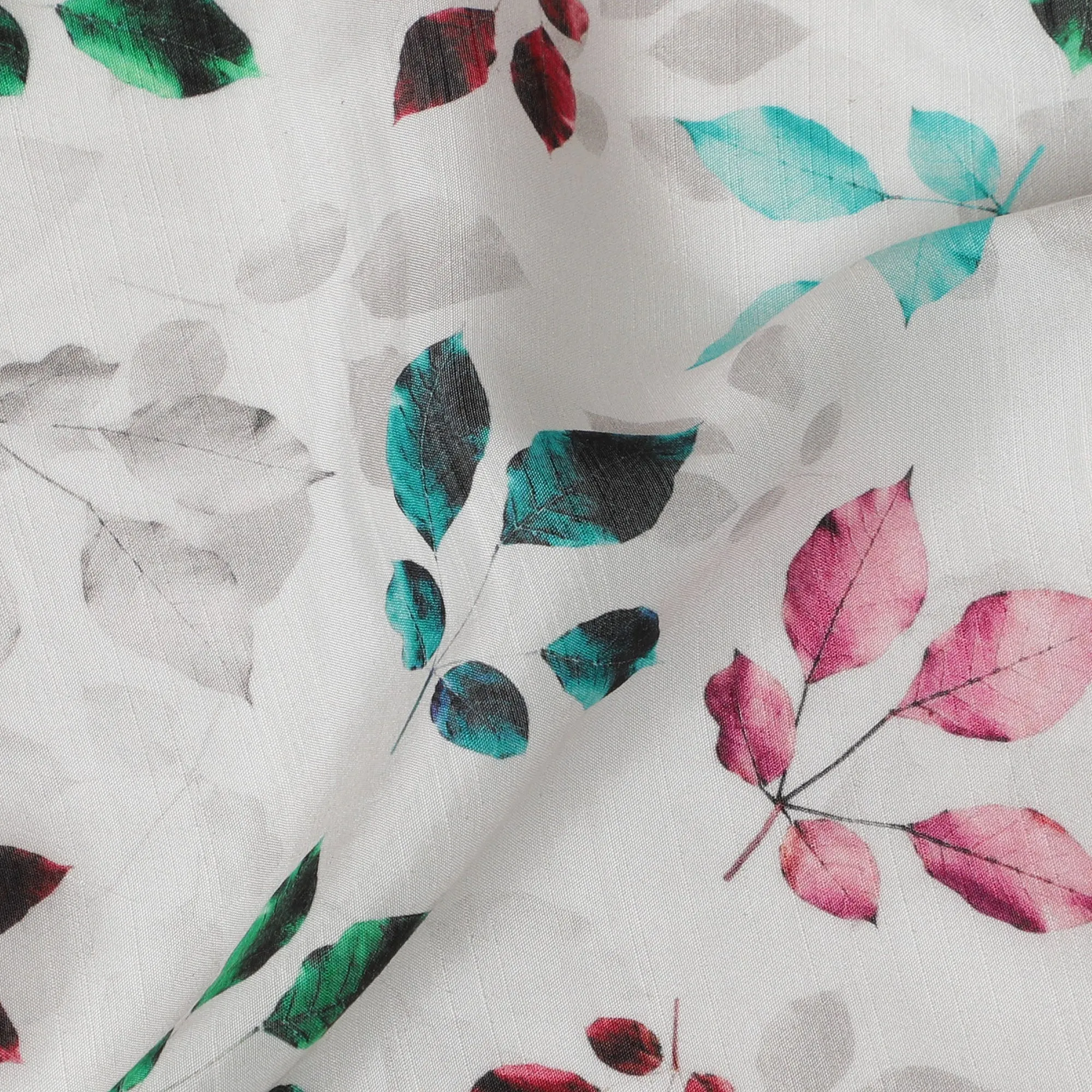 White with Multicolor Leaf Print Viscose Digital Printed Fabric - 110 cm Width-D19992