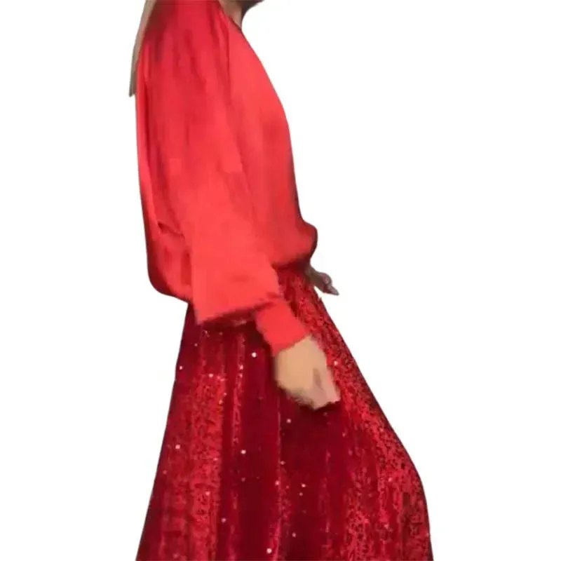 🔥Women's Long Sleeve Top & Sequin Maxi Skirt Two-Piece Set