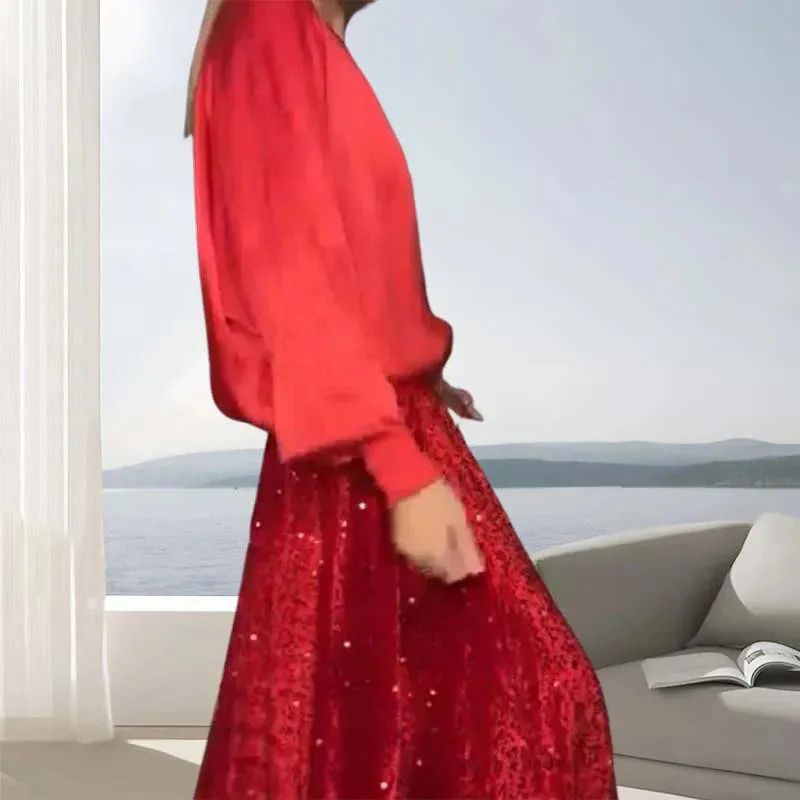 🔥Women's Long Sleeve Top & Sequin Maxi Skirt Two-Piece Set