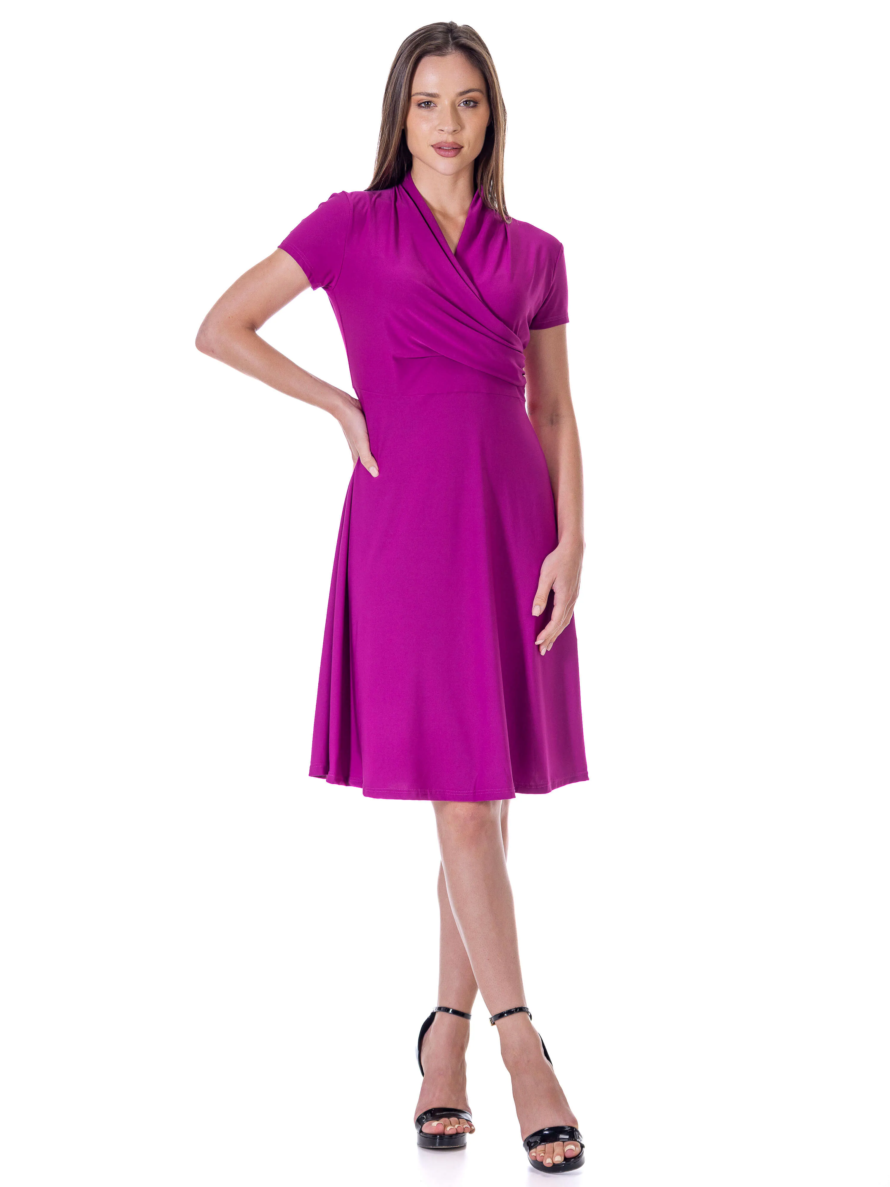 Womens Short Sleeve Knee Length V Neck Rouched Wrap Dress