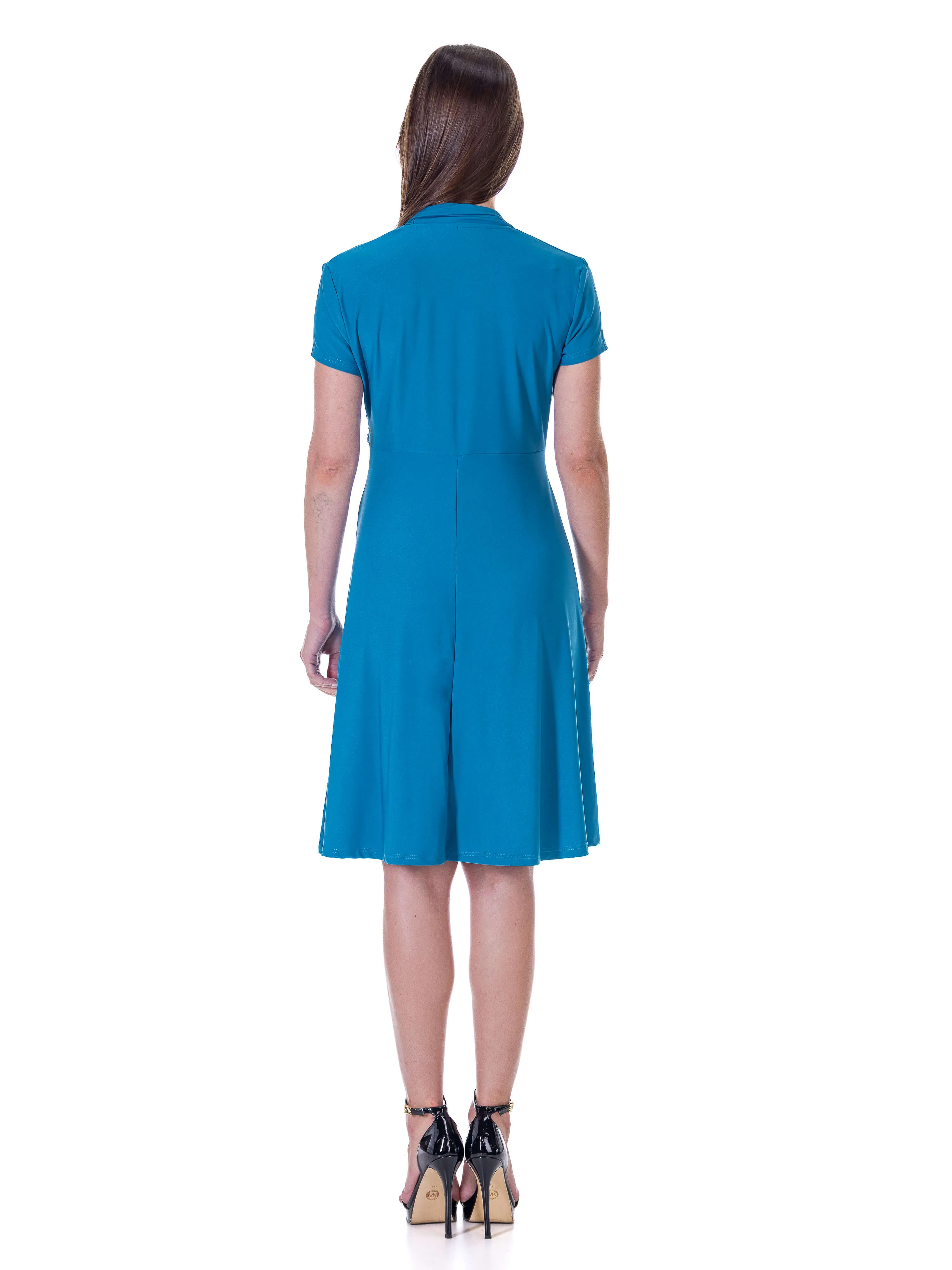 Womens Short Sleeve Knee Length V Neck Rouched Wrap Dress