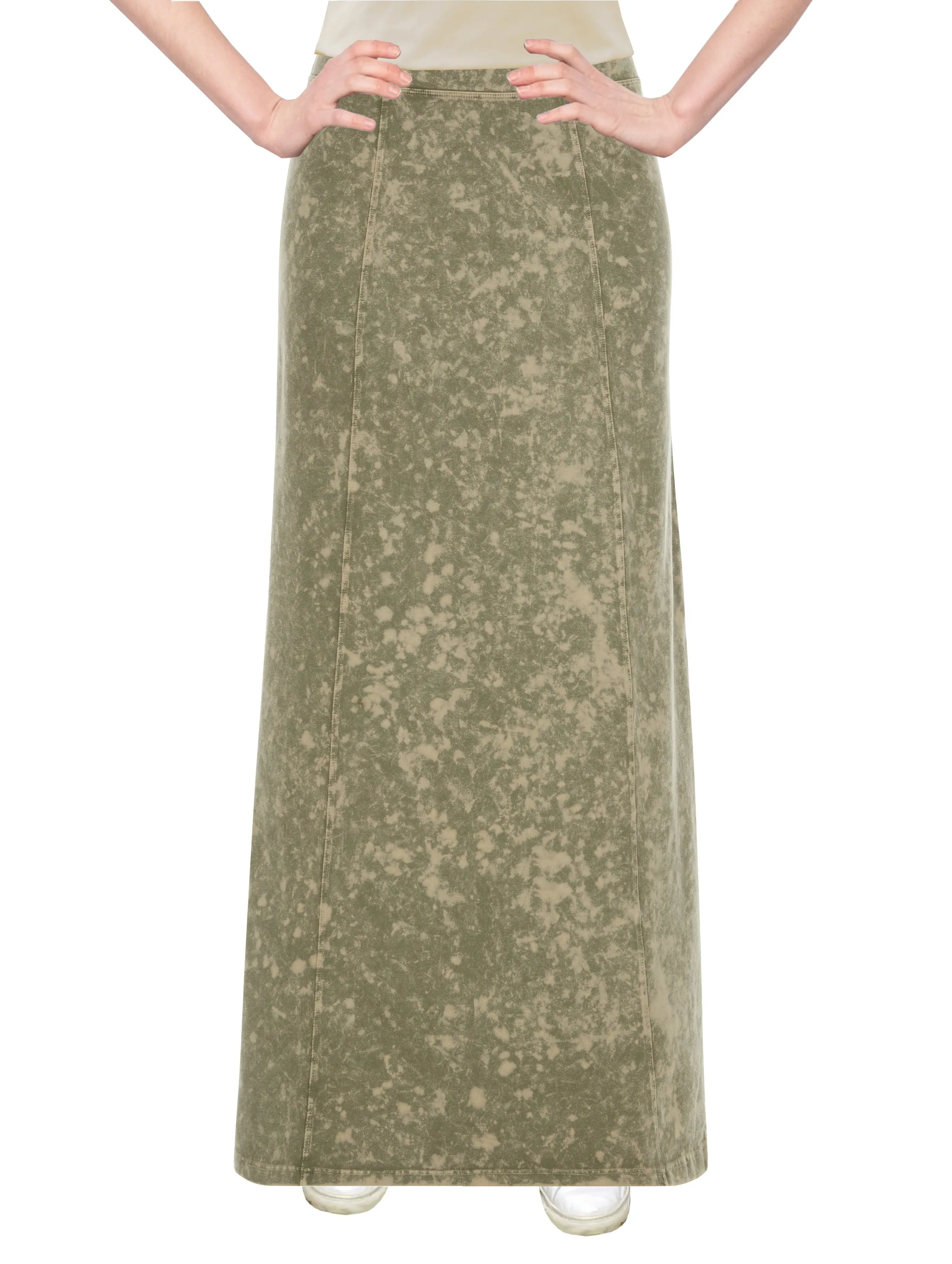 Women's Stretch Knit Acid Wash Panel Maxi A-Line Skirt