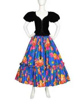 Yves Saint Laurent Vintage SS 1977 Black Velvet Corset Top and Blue Floral Silk Skirt Set