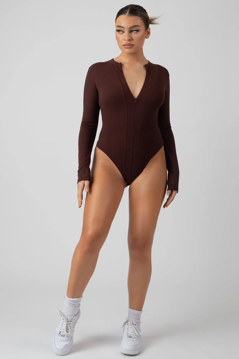 Zip Front Ribbed Bodysuit Coffee